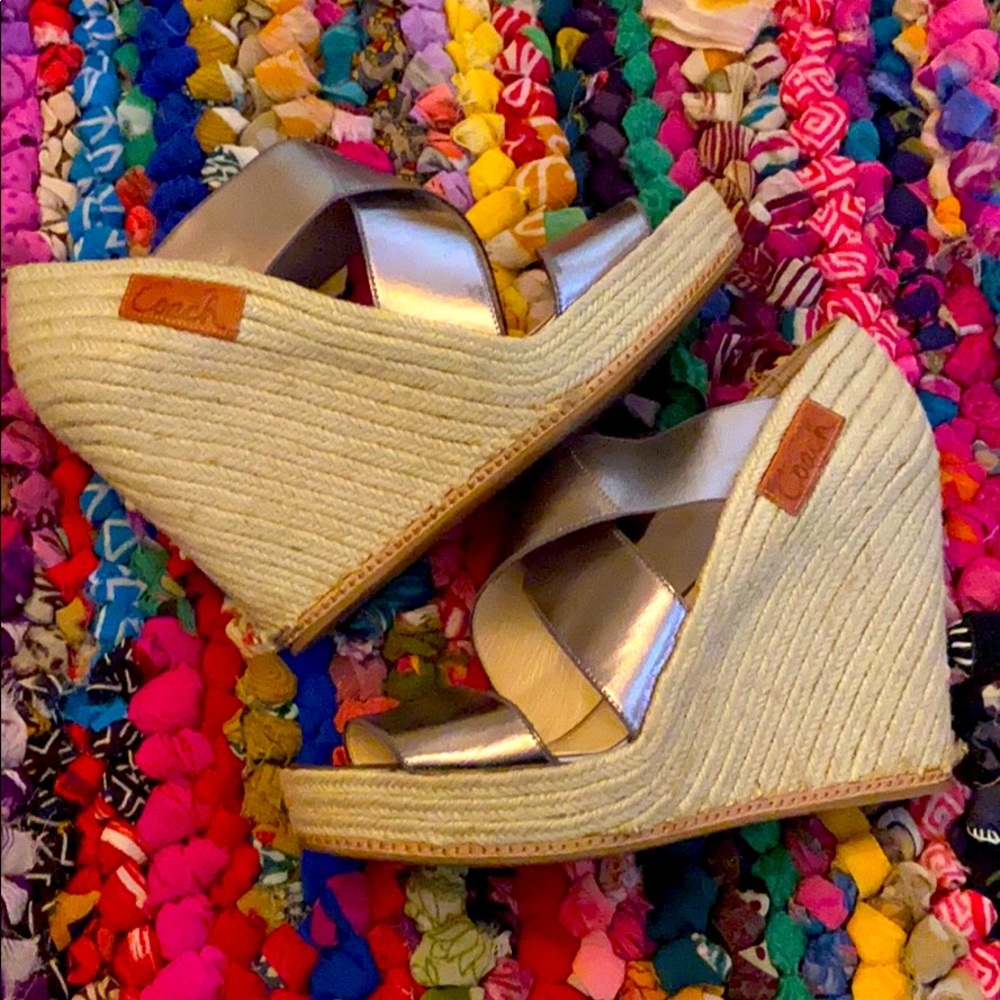 Coach metallic silver woven wedges